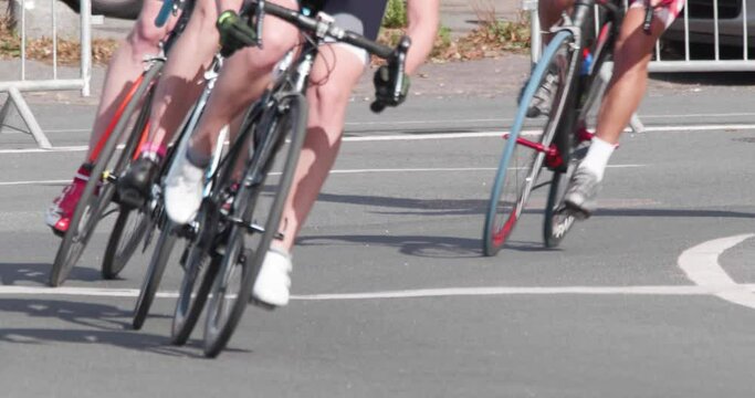 4K - Cycling marathon. Slow motion of a bicycle wheels