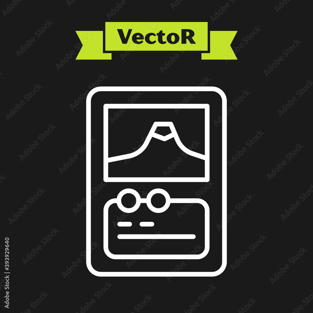 Poster white line card game collection icon isolated on black background. fantasy ui kit with magic items. 