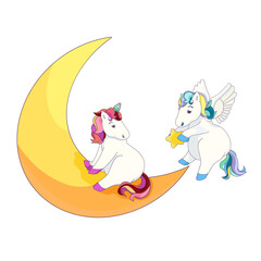 Cute Unicorn on the Crescent Moon, Pegasus with a Star, Cartoon Pegasus brings star for sad Unicorn on white isolated background, isolated Pegasus and Unicorn, concept of Magical horses and Fairytale.