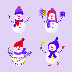 Merry Christmas cute greeting card with snowman and snowflakes for happy new year presents. Scandinavian style set for invitation, children room, nursery decor, interior design, stickers