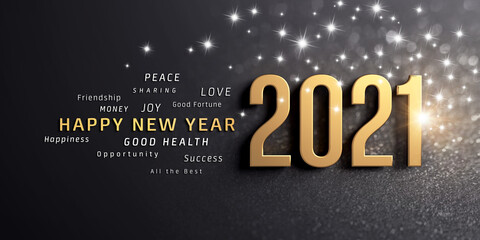 Happy New Year greetings and 2021 date number, colored in gold, on a festive black card, with glitters and stars