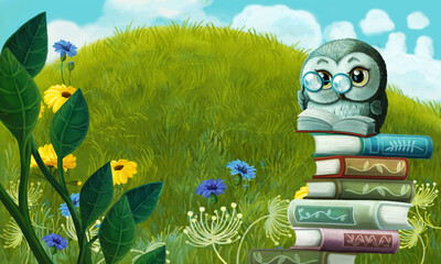 cartoon scene with animal bird owl on the meadow - illustration