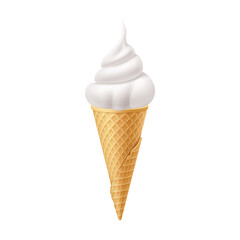 Delicious Vanilla Ice Cream in Waffle Cone. Street Fast Food, Sweet Milky Dessert Creative illustration Isolated on White Backdrop.