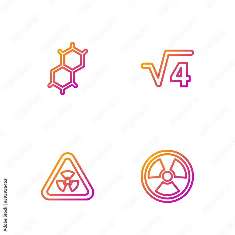 Poster set line radioactive, triangle with radiation, chemical formula and square root of 4 glyph. gradient