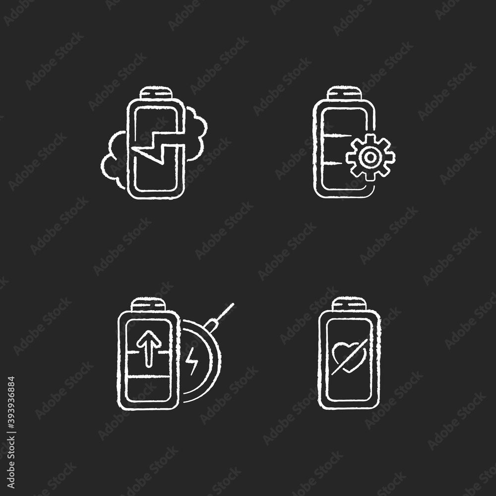 Poster proper battery usage chalk white icons set on black background. device explosion posibility. right f