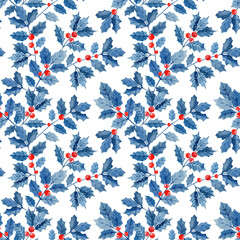Fototapeta premium Watercolor holly seamless pattern. Christmas background for fabric, wrapping paper, wallpaper. Blue ilex leaves and red berries on white. Hand drawn illustration