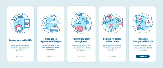 SAD symptoms onboarding mobile app page screen with concepts. Losing interest in life, feeling sluggish walkthrough 5 steps graphic instructions. UI vector template with RGB color illustrations