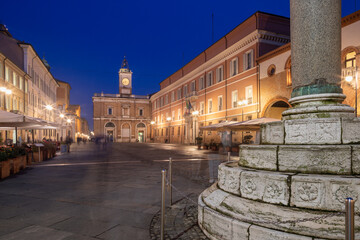 Fototapeta na wymiar Ravenna - The square Piazza del Popolo at dusk.