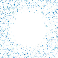 Snowflakes. Snow, snowfall. Falling scattered blue snowflakes on a white background. Vector