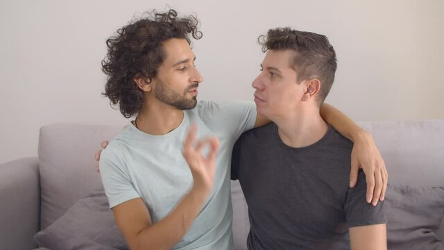 Cute handsome homosexual guys hugging and kissing each other. Couple of young men posing at home. Love and relationships concept