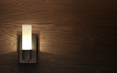 Modern wall lamp on wooden wall panel. 3d rendering