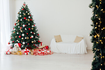 New Year's Eve Christmas interior home decor red Christmas tree pine gifts