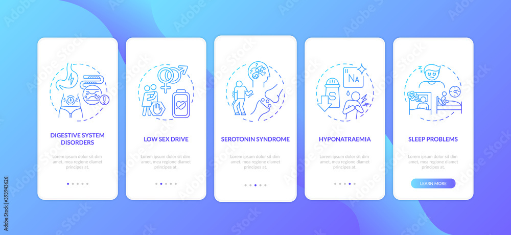 Poster antidepressants side effects onboarding mobile app page screen with concepts. low sex drive, sleeple