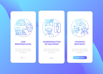 Winter blues causes onboarding mobile app page screen with concepts. Melatonin overproduction, vitamin D walkthrough 3 steps graphic instructions. UI vector template with RGB color illustrations