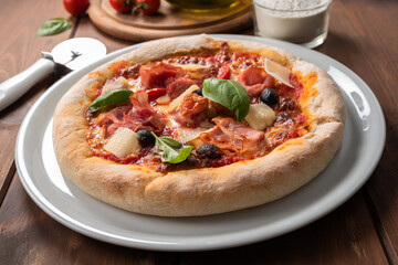 Deliziosa pizza con prosciutto cotto e scaglie di grana, Cibo Italiano 