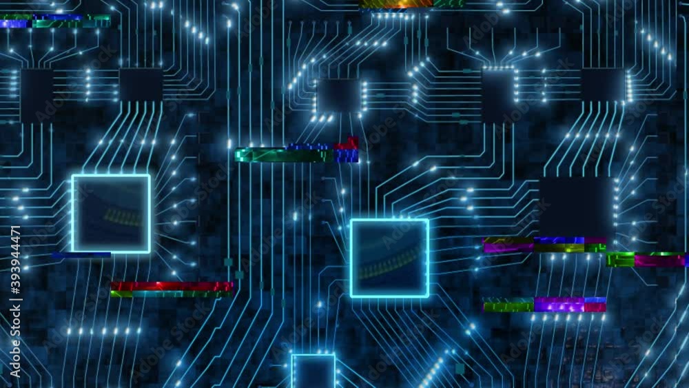 Aufkleber sci-fi digital blue background, printed circuit board with chips and electronic signals 3d render bi