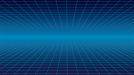 Abstract wireframe landscape 1980s style. Retro futuristic vector grid. Technology neon background.
