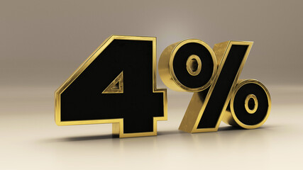 4 percent 3d gold and black luxury text isolated on white, 3d render illustration