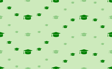 Seamless pattern of large and small green square academic cap symbols. The elements are arranged in a wavy. Vector illustration on light green background