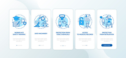 Workplace safety rights onboarding mobile app page screen with concepts. Safe innovational machinery walkthrough 5 steps graphic instructions. UI vector template with RGB color illustrations