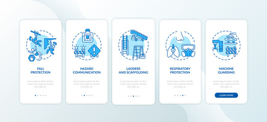 Top workplace safety violations onboarding mobile app page screen with concepts. Hazard communication walkthrough 5 steps graphic instructions. UI vector template with RGB color illustrations