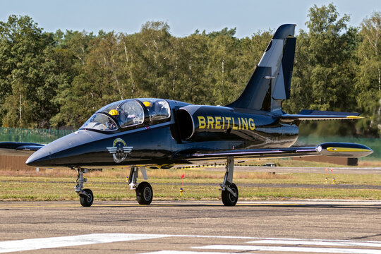 Breitling Jet Team Aero L-39 Albatros plane taxiing after landing on Kleine Brogel Airbase. Belgium - September 14, 2019