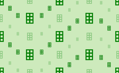 Seamless pattern of large and small green office building symbols. The elements are arranged in a wavy. Vector illustration on light green background