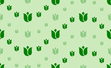 Seamless pattern of large and small green tulips. The elements are arranged in a wavy. Vector illustration on light green background