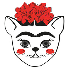 Stylized cat black and red portrait of Frida Kahlo