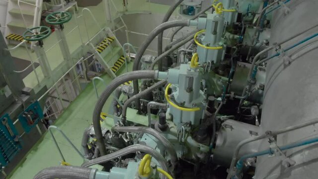 Across engine room above engine aerial shot