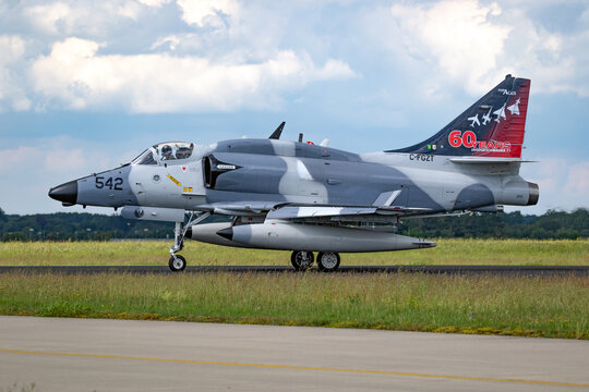 Discovery Air Defence Douglas A-4 Skyhawk fighter jet plane taxiing after landing on Jagel Airbase. 