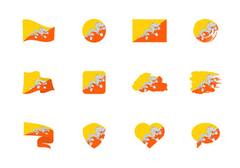 Bhutan flag - flat collection. Flags of different shaped twelve flat icons.