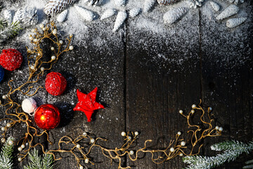 mockup red christmas balls and new year decor on black background
