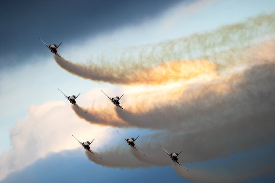 Patrouille Suisse aerobatic team Northrop F-5E Tiger II fighter jets performing. 
