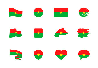 Burkina Faso flag - flat collection. Flags of different shaped twelve flat icons.