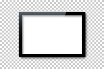 Black rectangle frame template with empty white copy space inside isolated on transparent background. Dark bound border shape with blank surface. Vector realistic horizontal mockup for design.