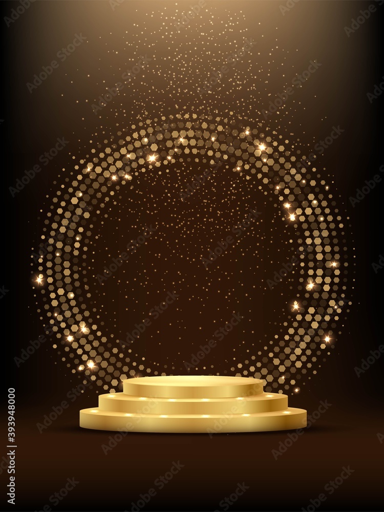 Poster golden podium with haflftone circle ring and glitter. shining abstract background with gold elements