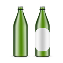 500ml Green Glass Beer Bottle With Label and Blank Mockup Isolated on White Background. Vector Illustration