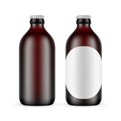 Dark Amber Glass Small Beer Bottle With Label and Blank Mockup Isolated on White Background. Vector Illustration