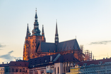 Fototapeta premium View on hill with Prague Castle at sunset time.