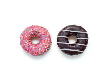 Sweet pink and chocolate donuts on white background