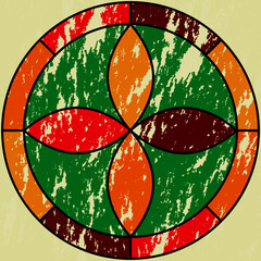 Classic vintage pattern, scuffed, round stained glass. Colors green, red, yellow. Vector illustration.