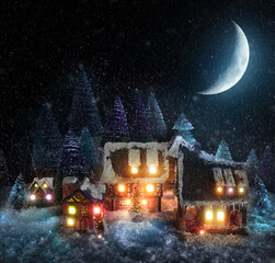 View of snowy Christmas night in the village with the Moon