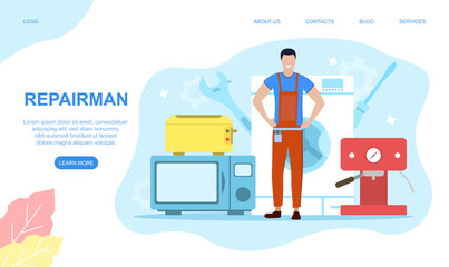 Professional worker in the uniform repair electrical home appliance with tool. Repairman occupation character. Cartoon flat vector illustration. Website, web page landing page template