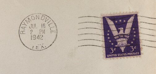 briefmarke stamp vintage retro alt old gestempelt frankiert cancel usa amerika america raymondville texas 1942 adler eagle vogel brid win the war krieg gewinnen lila purple 3c postage papier paper
