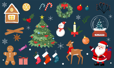 New Year's set, with cute elements for design. Christmas tree, santa, deer, gingerbread, candle, snow ball, Christmas wreath, cinnamon For cards, banners, website, icons.