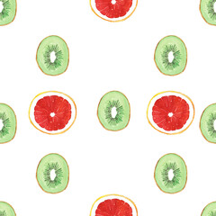 Seamless pattern illustration with green kiwifruit and red grapefruit isolated on white background - 393953416