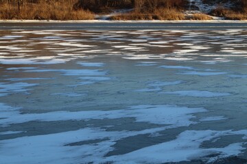 Ice on the river surface in late November