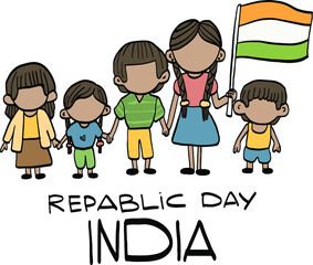India Republic day January 26, vector illustration, cartoon children holding hands, girl holding flag