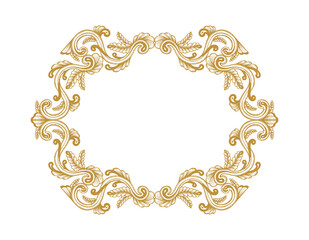 Hand Drawn Vintage damask ornamental elements for design. Baroque frame scroll ornament. Golden Elegant abstract floral pattern border in antique style. Decorative foliage swirl edging.